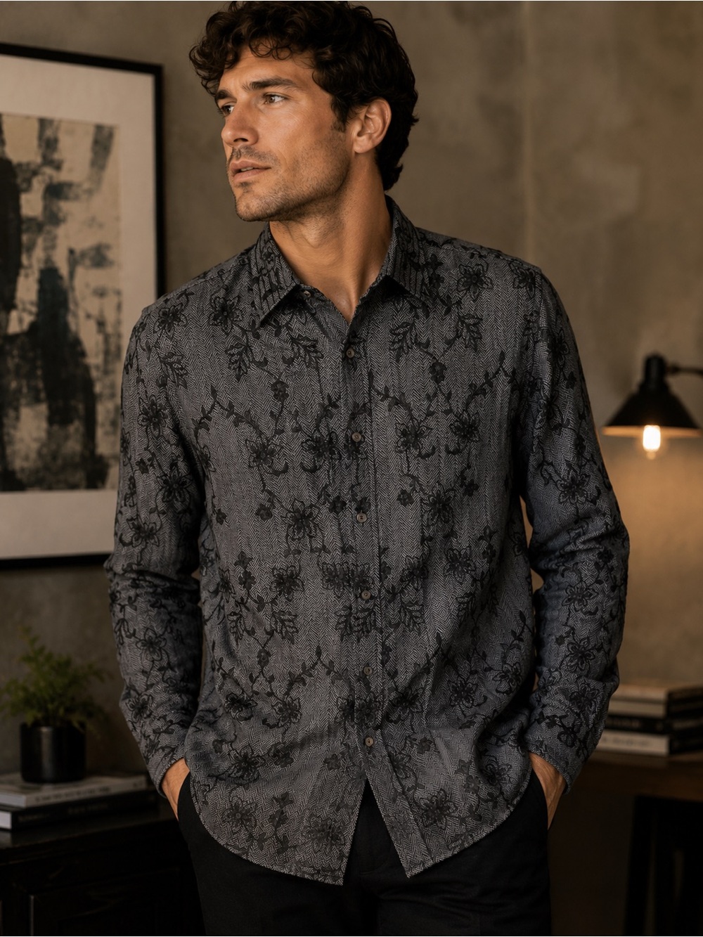 Bagutta Embroidered Floral Button Down Shirt Gray Black Men’s Large